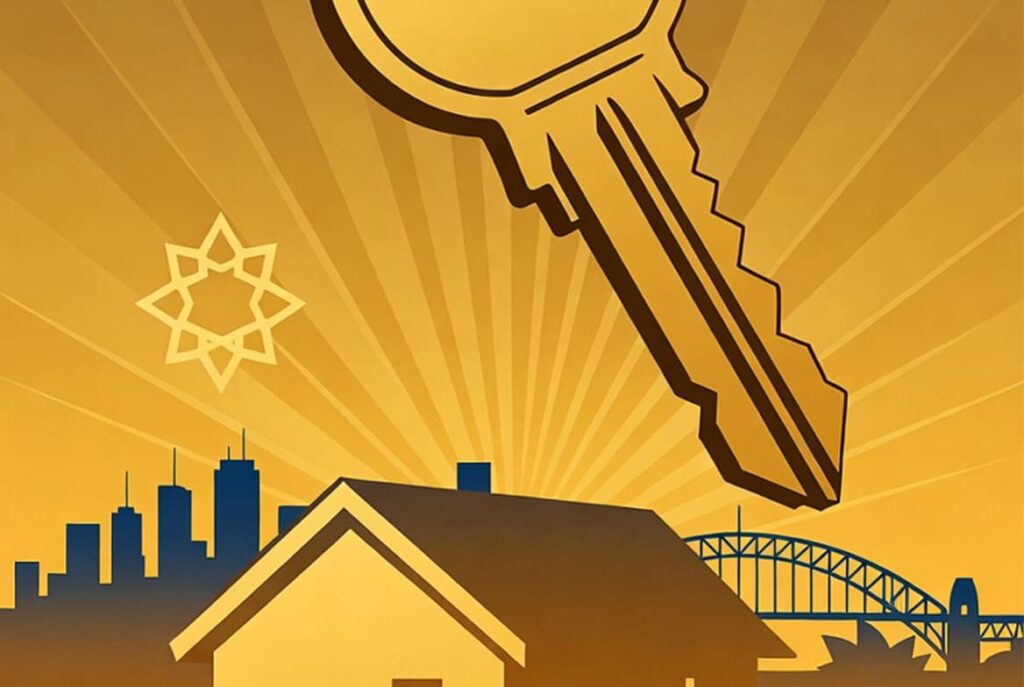 Graphical finance image representing home ownership for Australian first home buyers with house key, modern home icon, and Sydney skyline for Financio Shariah-compliant Islamic home loans