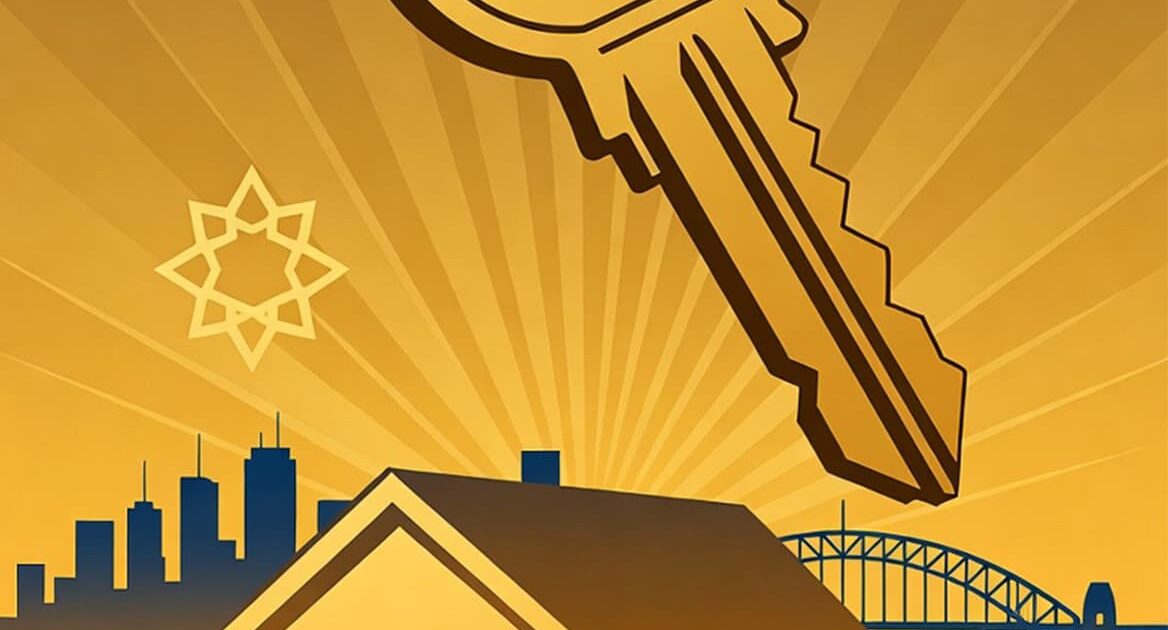 Graphical finance image representing home ownership for Australian first home buyers with house key, modern home icon, and Sydney skyline for Financio Shariah-compliant Islamic home loans