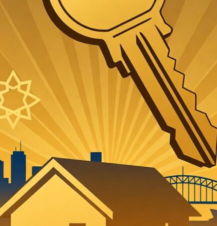 Graphical finance image representing home ownership for Australian first home buyers with house key, modern home icon, and Sydney skyline for Financio Shariah-compliant Islamic home loans
