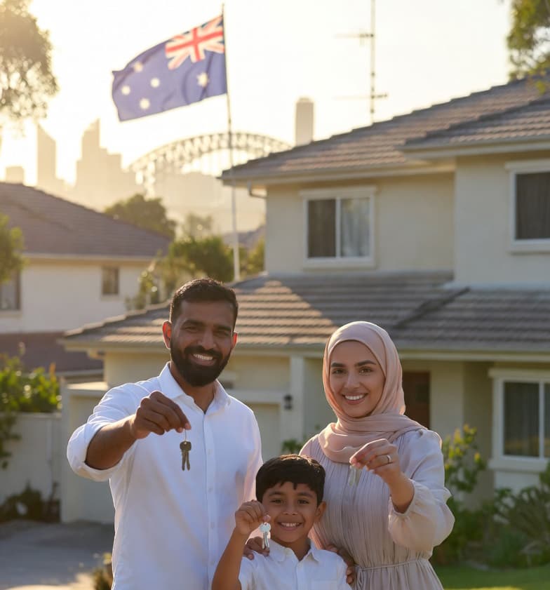 Hardworking Australian first home buyer family celebrating outside their new home on Labour Day with keys in hand, representing Shariah-compliant Islamic home loans by Financio in Sydney, Australia