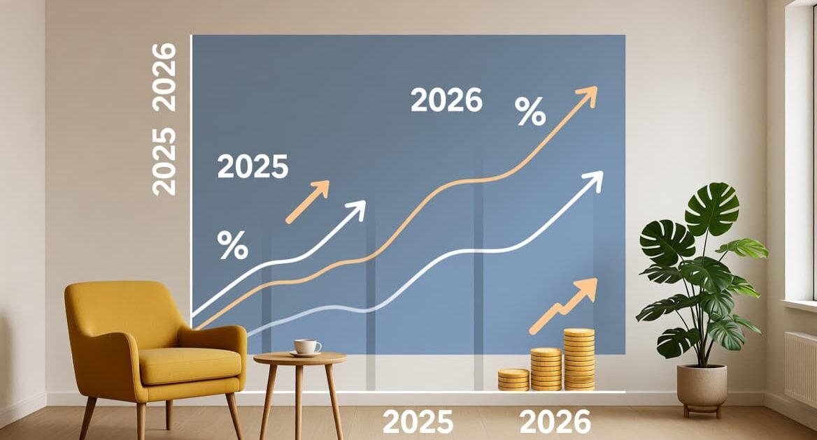 Modern living room featuring financial graph showing RBA's rate increases in 2026 with rising trend lines representing higher mortgage repayments for Australian homeowners