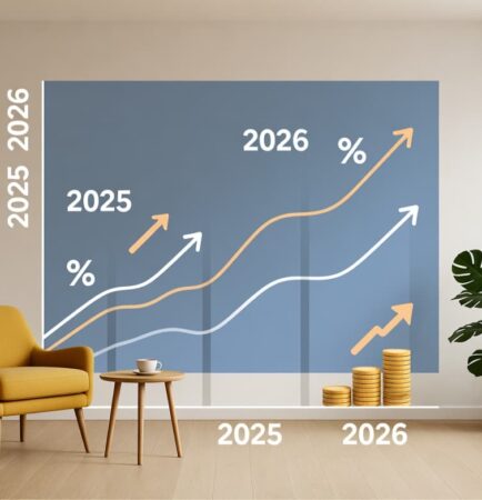 Modern living room featuring financial graph showing RBA's rate increases in 2026 with rising trend lines representing higher mortgage repayments for Australian homeowners