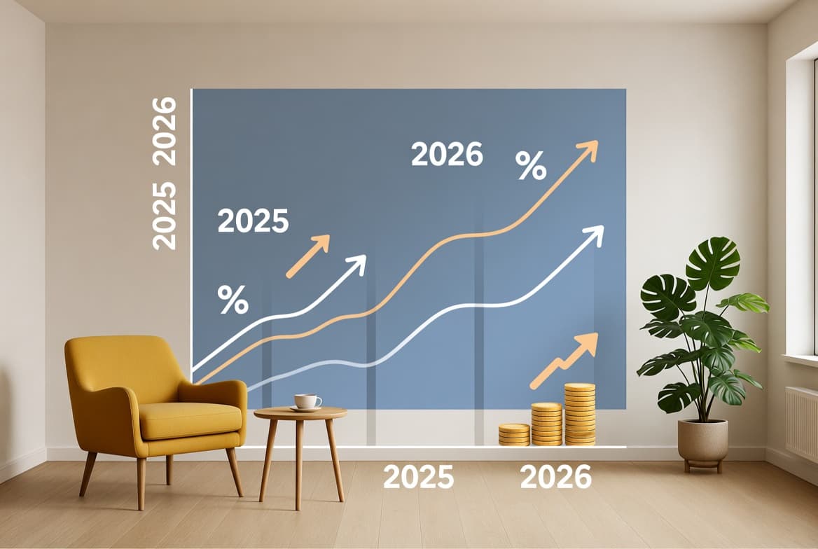 Modern living room featuring financial graph showing RBA's rate increases in 2026 with rising trend lines representing higher mortgage repayments for Australian homeowners