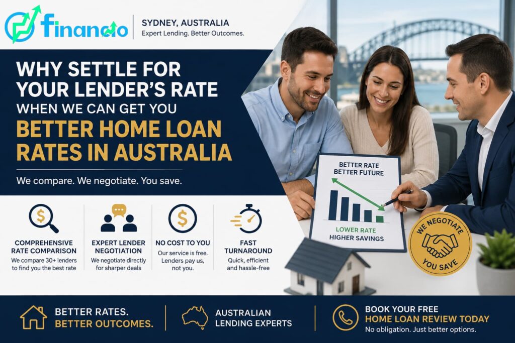 Financio Lending Solutions promotional graphic showing why Australian homeowners should seek better home loan rates instead of settling for their current lender