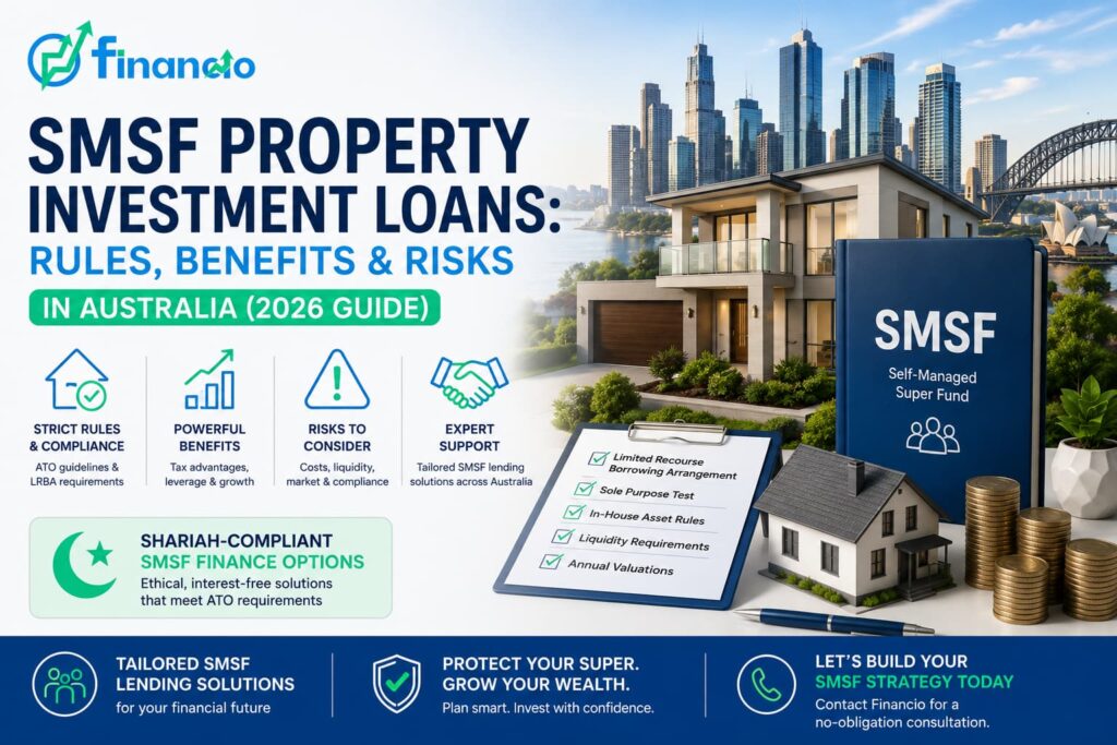 Professional SMSF property investment loan cover image showing Australian real estate, superannuation finance concepts, and Sydney skyline for a 2026 investment guide.