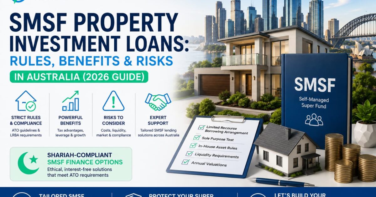 Professional SMSF property investment loan cover image showing Australian real estate, superannuation finance concepts, and Sydney skyline for a 2026 investment guide.