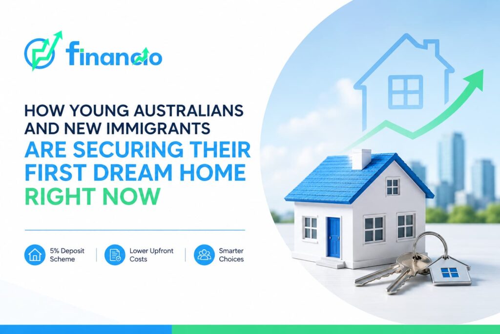 Young Australian couple and new immigrant family standing outside their first dream home in Australia with keys in hand