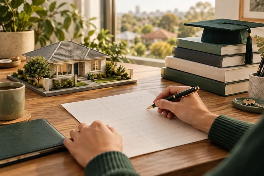 Planning whether to pay off HECS or save for a house deposit, illustrated by university books and an Australian home model