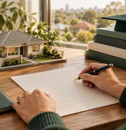Planning whether to pay off HECS or save for a house deposit, illustrated by university books and an Australian home model